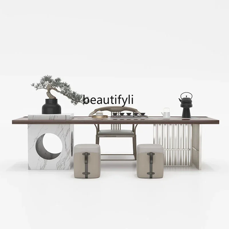 

Новый китайский современный набор столов-стульев из цельного дерева, простой и легкий роскошный металлический чайный столик, чайный столик