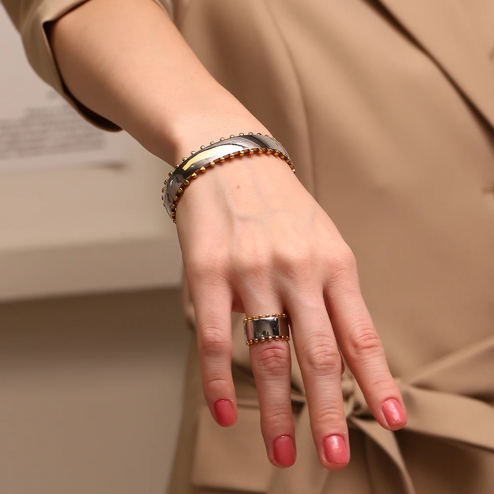 MamacitaSlay  Vintage 18K Gold Plated Silver Color Double Sided Beads Wide Rings New Trend Women\'s 316L Stainless Steel Jewelry