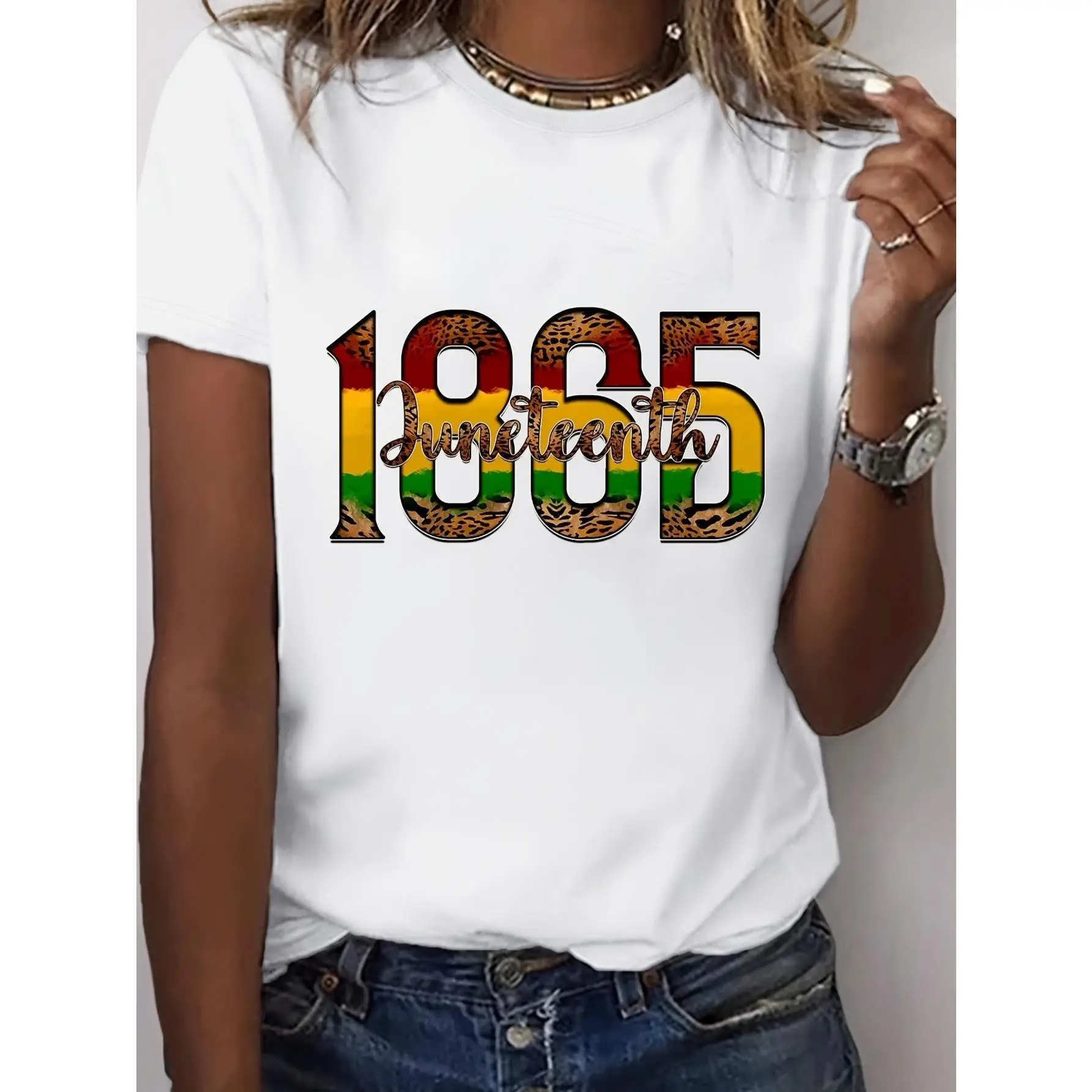 

1865 Juneteenth Women’s Crew Neck Short Sleeve T-Shirt – Vibrant "H Juneteenth 1865" Print, Casual Tee, Perfect for Spring/Summe