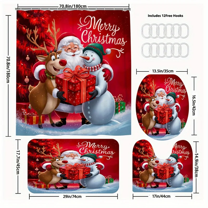 Christmas Bathroom Set with Santa, Reindeer and Snowman - Polyester Decor, Machine Washable, Includes Fade-Resistant Bath E