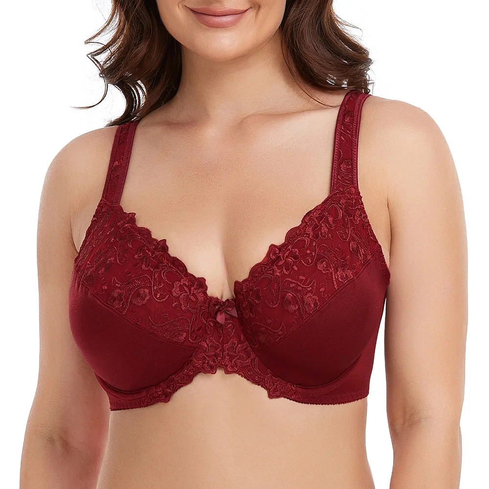 

New Wine Red Lace Embroidery Plus Size Bras For Women Sexy Underwired Thin Bra Big Cup Full Cup Women Bra C D E F G H I J Cup