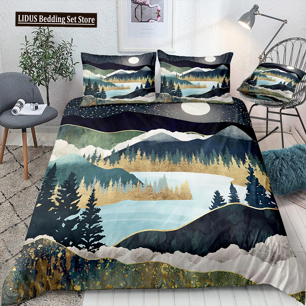 

Nature River Bedding Set Starry Sky Duvet Cover Set Mountain River Forest Moon Printed Design Natural Landscape Comforter Cover