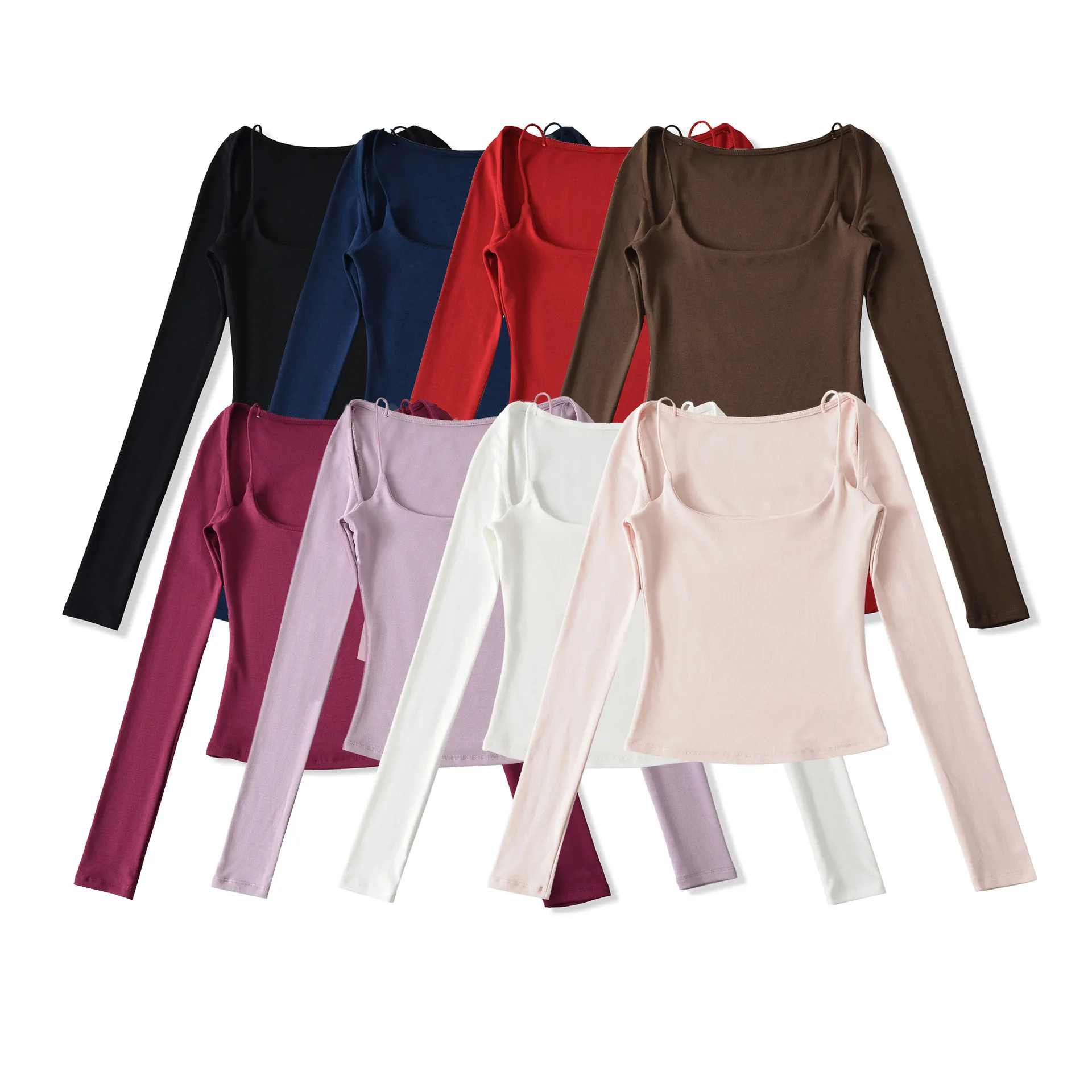 Hot Girl Sexy Square Neck Base Shirt Top 2025 Autumn Winter New Fake Two-Piece Slim Waist Slimming Long Sleeve T-Shirt 7Q48