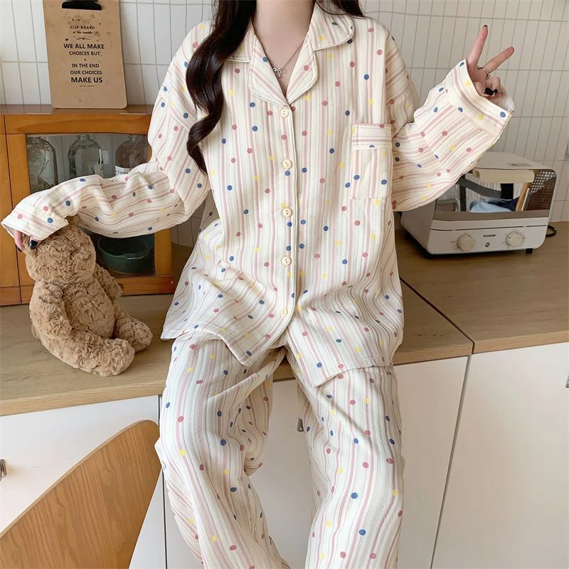 Winter Women's Pajamas Set Air Cotton Thick Warm Sleepwear Comfortable Colorful Dot Pyjamas Suit Loungewear Homewear Nightwear