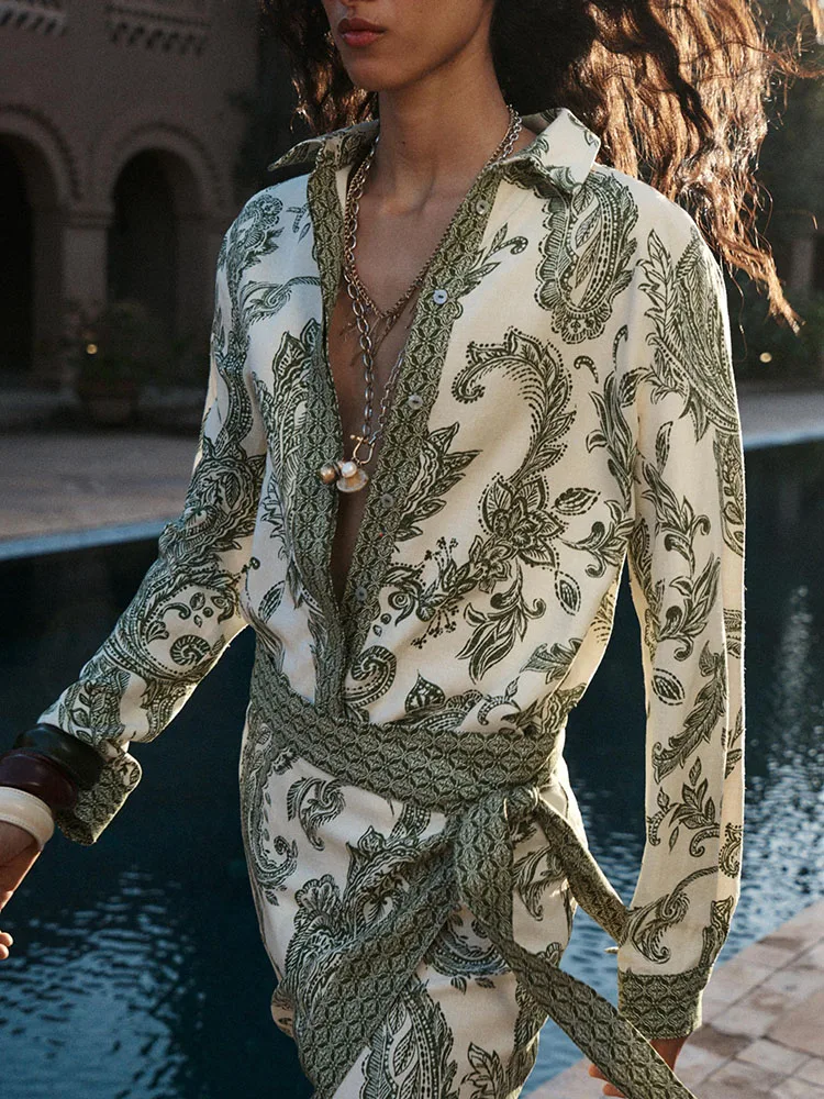 Casual Zomer 2025, Dames Faion Print Lange Sve Collared irt Veelzijdige Sle UV-bescherming Knoopsluiting Ander materiaal