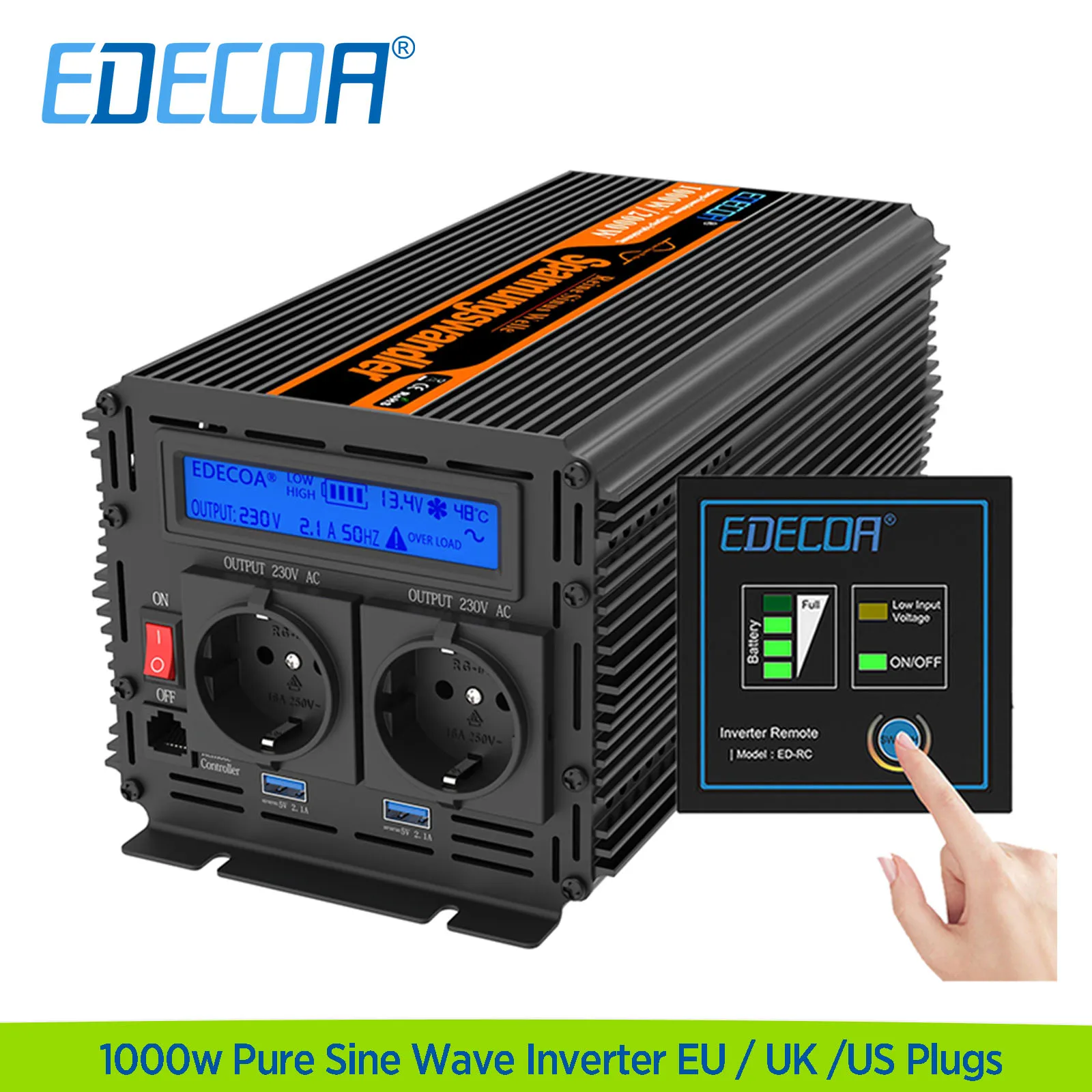 Inverter 12v 220v Pure Sine Wave 1000w EDECOA DC 12v AC 110v 230v 240v Power Converter EU UK US 1000 watt Inverter 12v 220v