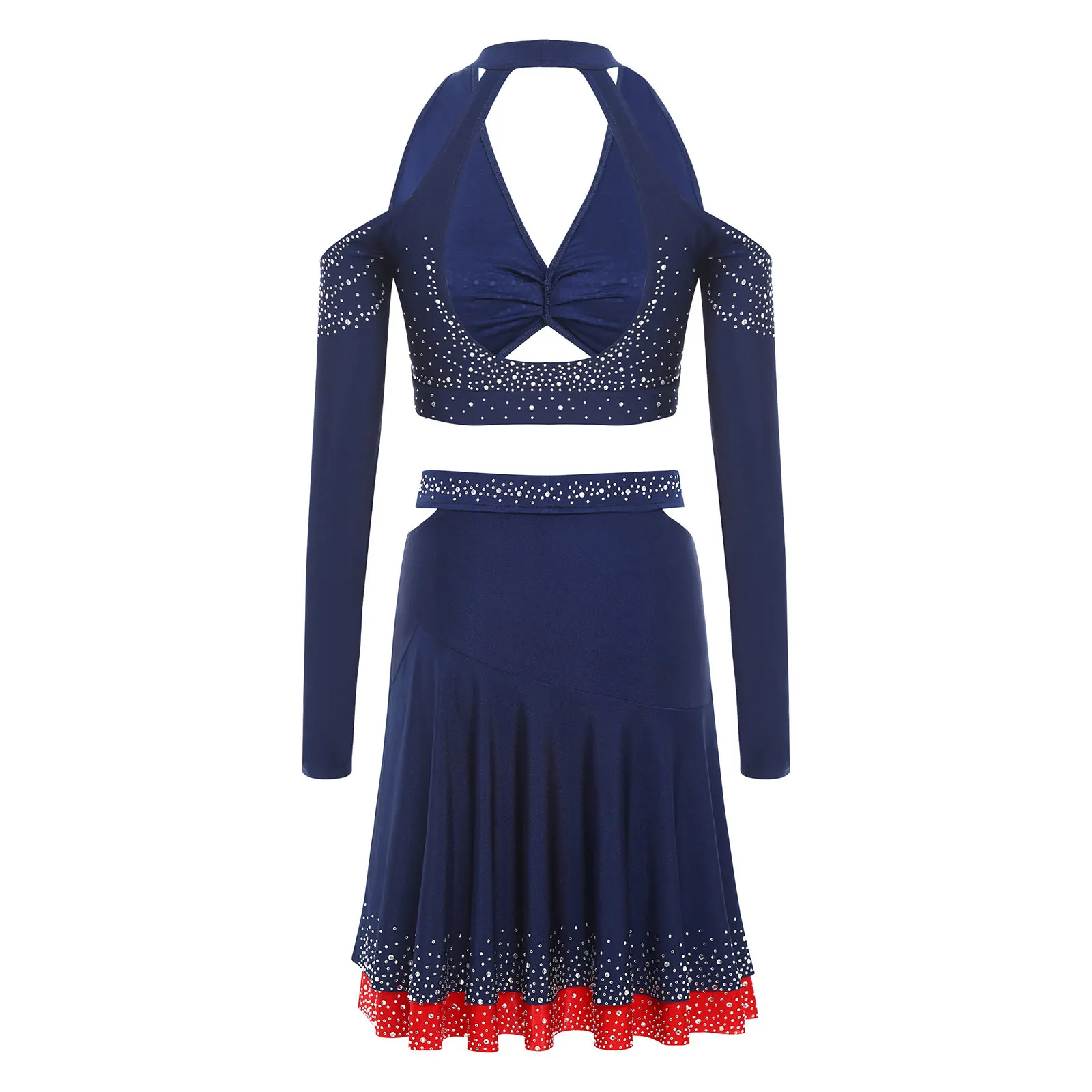 Women 2Pcs Jazz Latin Dance Costumes Shinny Rhinestones Halter Long Sleeve Deep V-Neck Backless Crop Top Sides Cut Ruffled Skirt - Image 4