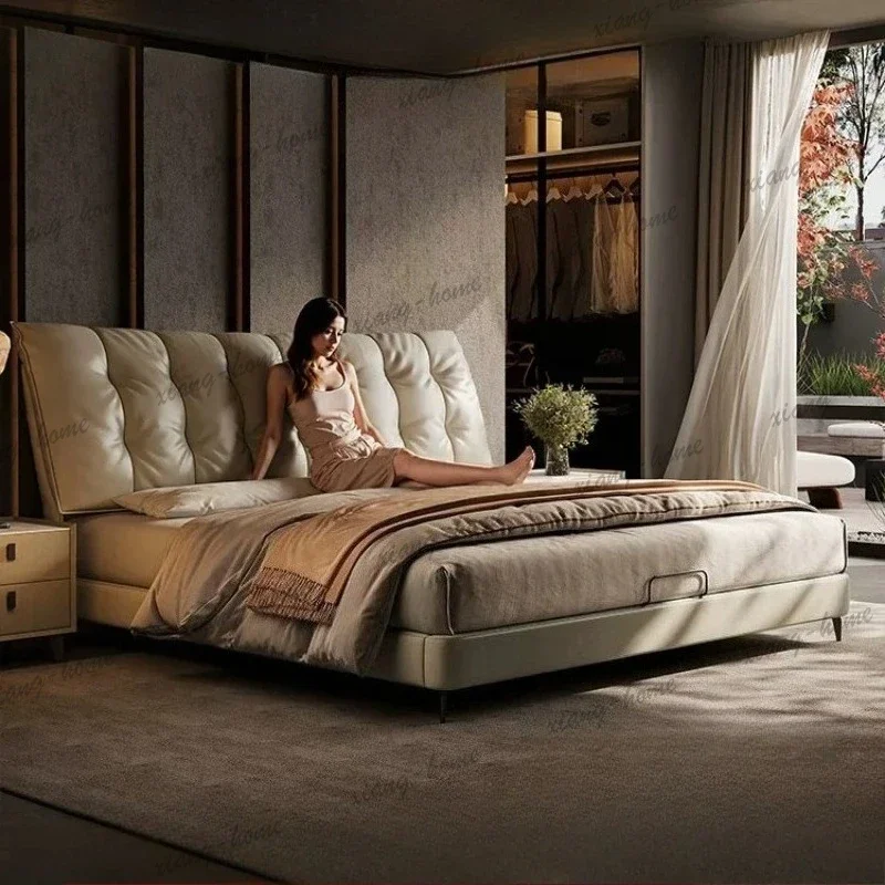 FG 200x200cm Modern luxury Italian minimalist genuine leather bedroom beds and bed frames high end backrest light luxury double