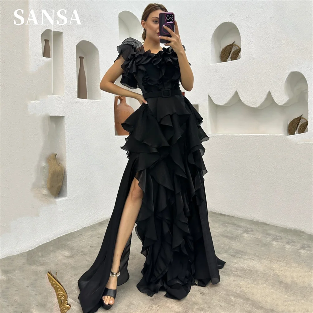 Sansa sexy Seite geteilt Ballkleid schwarz schulter frei schwarz Chiffon فساتين سzunge رStrap less Edge Curl Vestidos de Noche