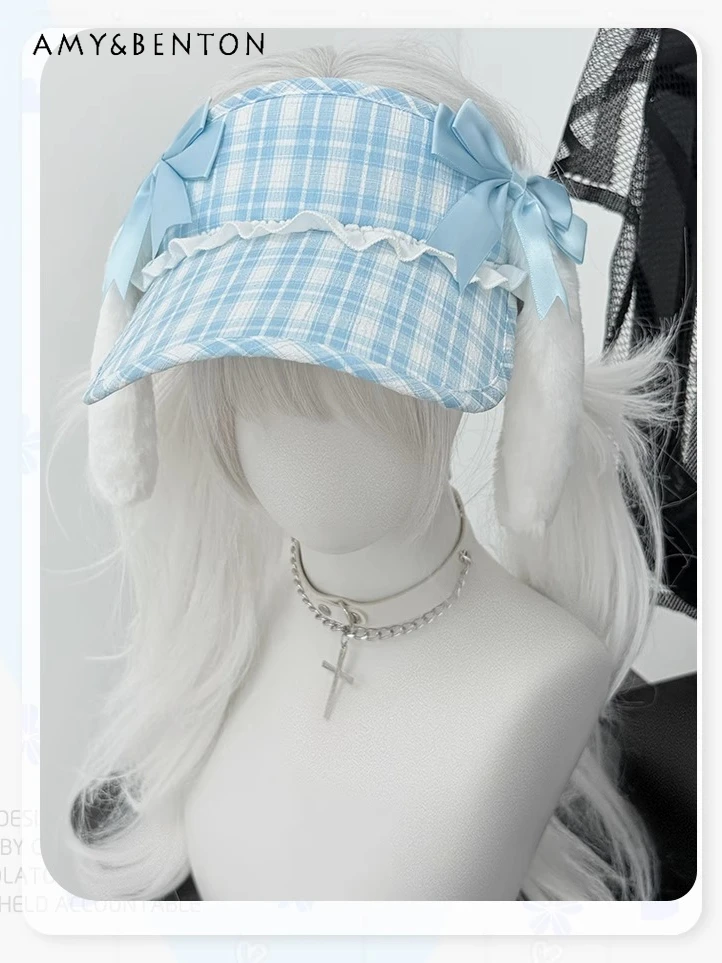 

Original Rabbit Ears Empty Top Sun Hat Subculture Sweet Cute Plaid Hat Student Japanese Mine Series Kawaii Summer Hats for Women