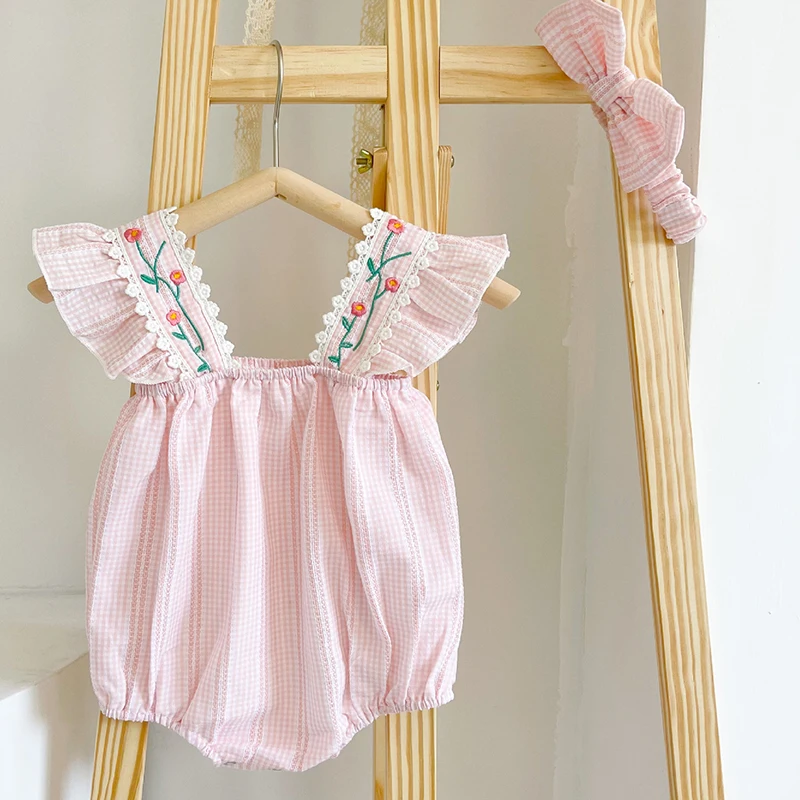 

Children Clothes Summer Toddler Baby Girl Jumpsuit Flying Sleeve Cotton Flower Embroidery Infant Baby Girls Bodysuits+Hair band