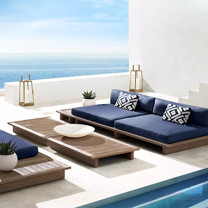 

Outdoor waterproof courtyard hotel sun room terrace homestay model room solid wood teak corner sofa coffee table combination