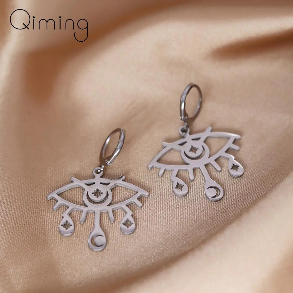 Stainless Steel Teardrop Evil Eyes Hoop Earrings Women Turkish Jewelry Moon Star Vintage Earrings Lucky Gift