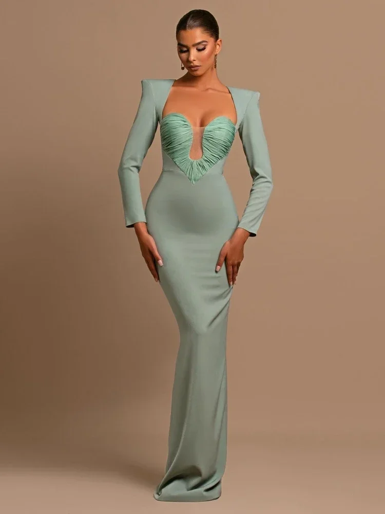 

Sexy Low Cut Patchwork Folds Design Long Dress Women Aquamarine Black Long Sleeve Hollow Out BodyconDresses Evening Party Gowns