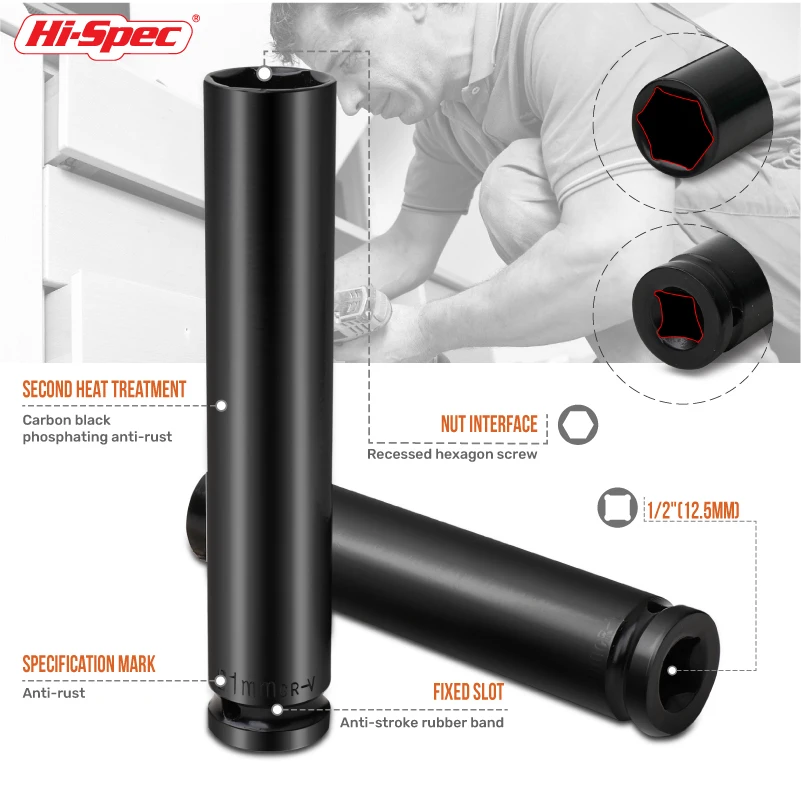 Hi-Spec Deep Impact Wrench Socket 1/2 Long Socket Adapter Spanner Electric Impact Wrench Socket for Air Pneumatic Repair Tools