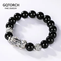 Black Obsidian Stone Bracelets Hand Accessories For Men With Real Sterling Silver Pixiu Feng Shui Crystals Jewelry Armband Heren