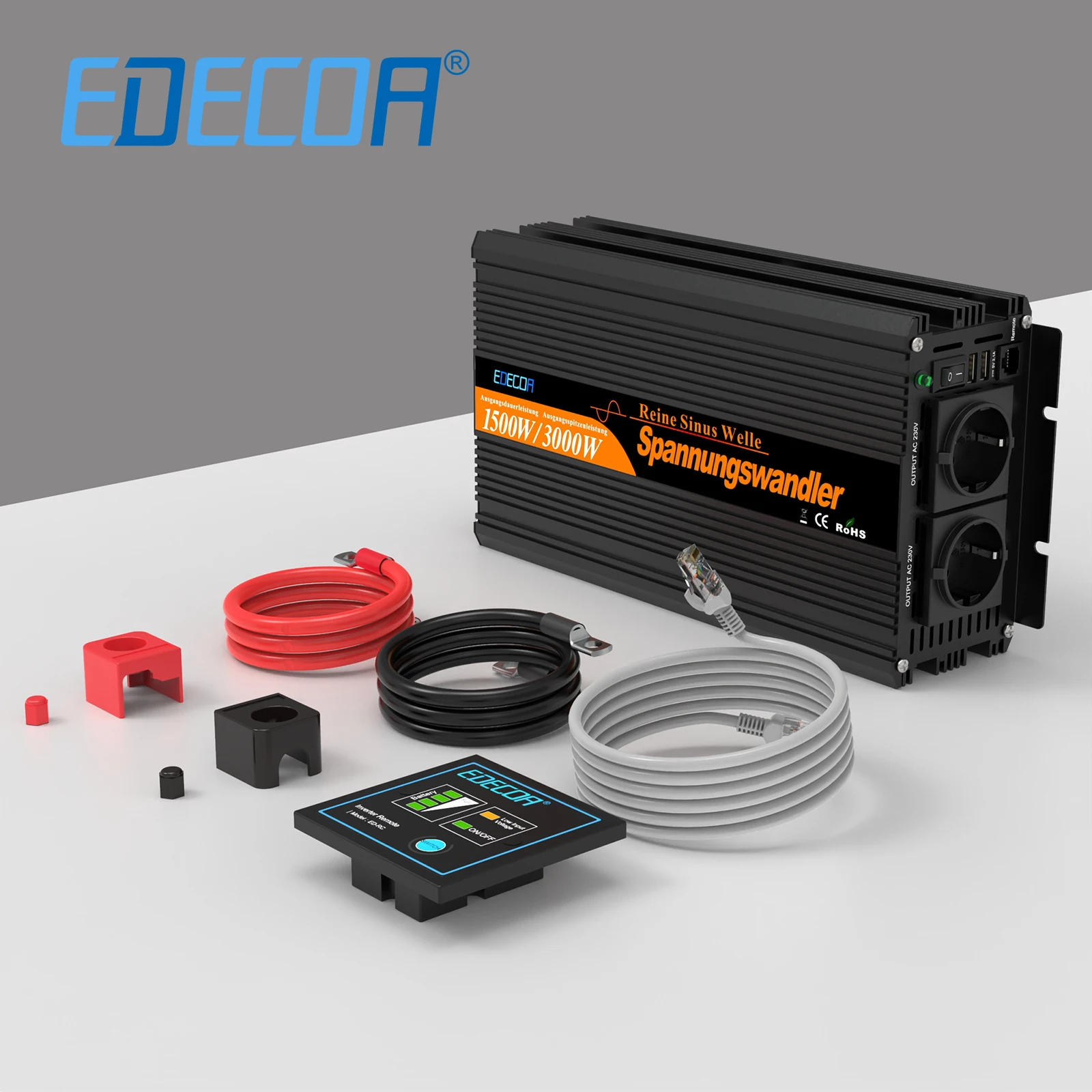 EDECOA 1500W 2500W 3500W Reiner Sinus-Wechselrichter DC 12V zu AC 220V 230V 240V Off-Grid-Wechselrichter für Zuhause, Hütte, Wohnwagen, Wohnmobil, Vanlife, Camping, Notstromversorgung