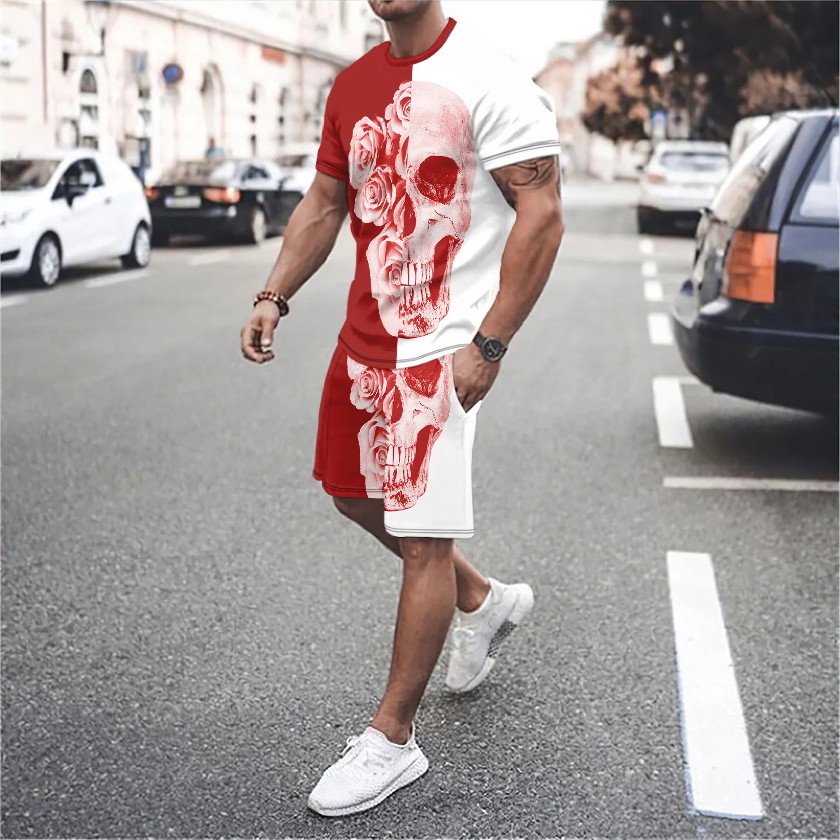 3D Skull Flower Print Patchwork Casual manica corta Set Street Baseball Jersey estate manica corta t-shirt e pantaloncini Set