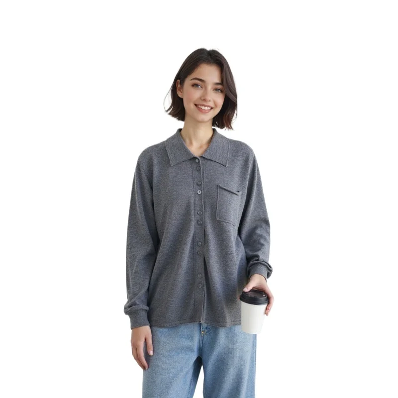 2025年冬 レディース ポロ襟 100%ウール 長袖 ボタン付き インナー 無地 ニットセーター