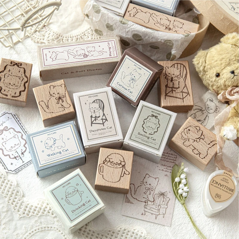 Sello de madera de haya Kawai, serie Gato y Sueño Suave, base decorativa DIY para manualidades de mascotas, para impresión de sellos, material de oficina y escolar, regalo