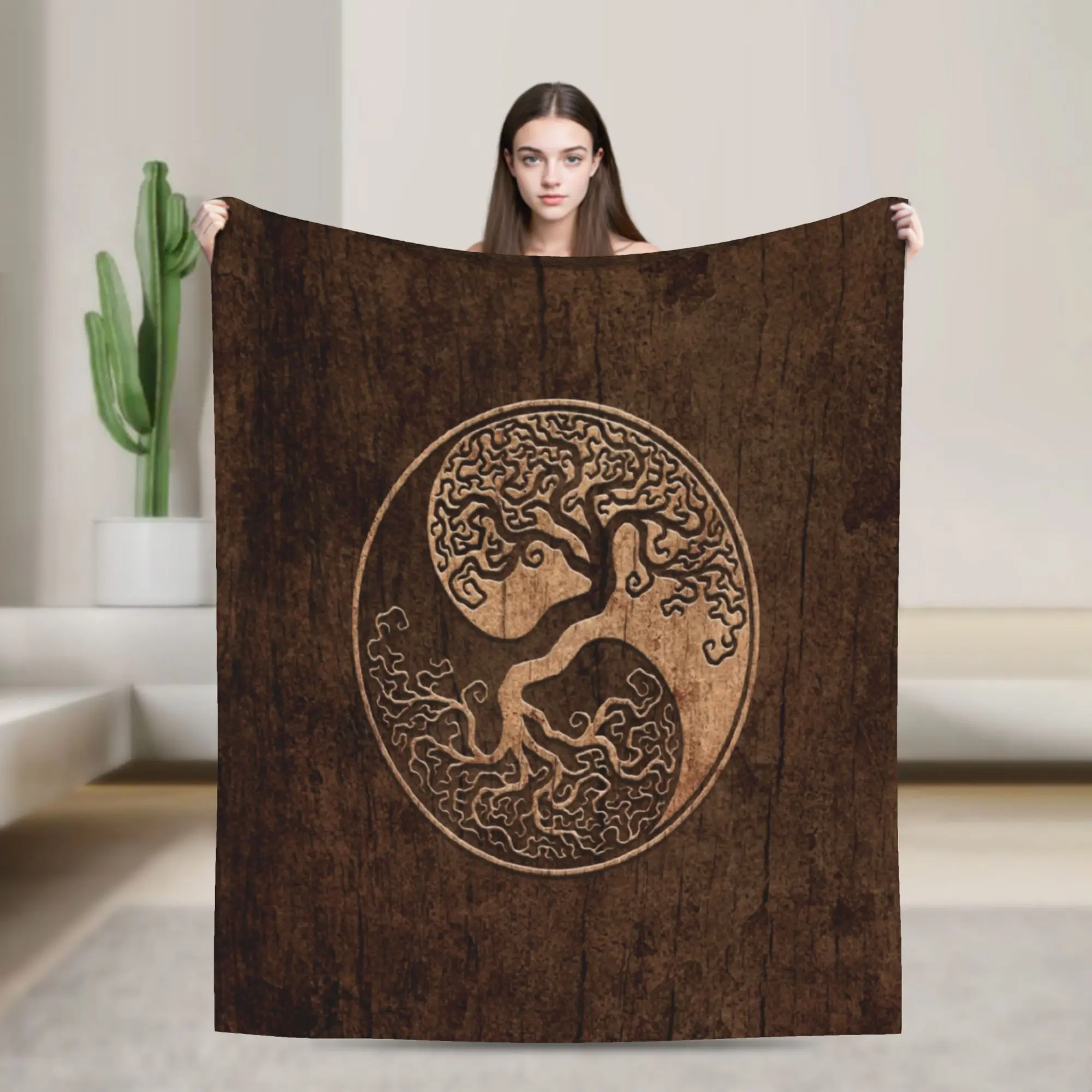 Rough Wood Grain Effect Tree of Life Yin Yang Tai Chi Blanket  Flannel Novelty Soft Throw Blanket for Home Restaurant Decoration