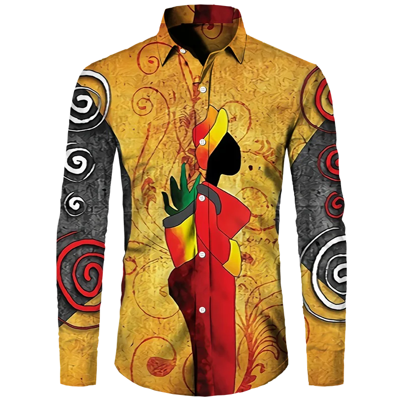 Colorful African Dashiki Print Men\'s Shirt Retro Ethnic Long Sleeve Lapel Button Top New Couple Street Wear