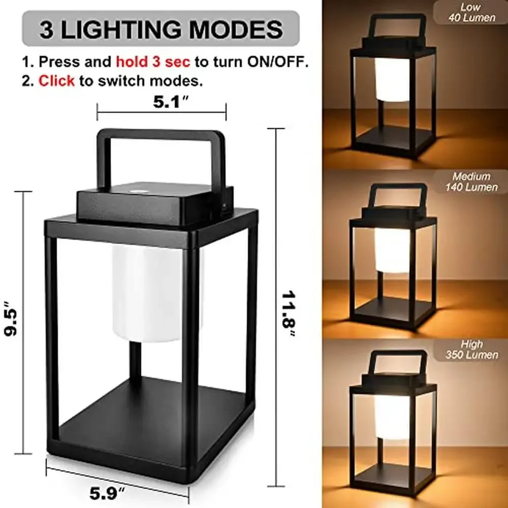 Outdoor LED Table Lantern Rechargeable Touch Control 3-Level Brightness IP44 Waterproof Aluminum Portable Patio Lamp 35W 3000K