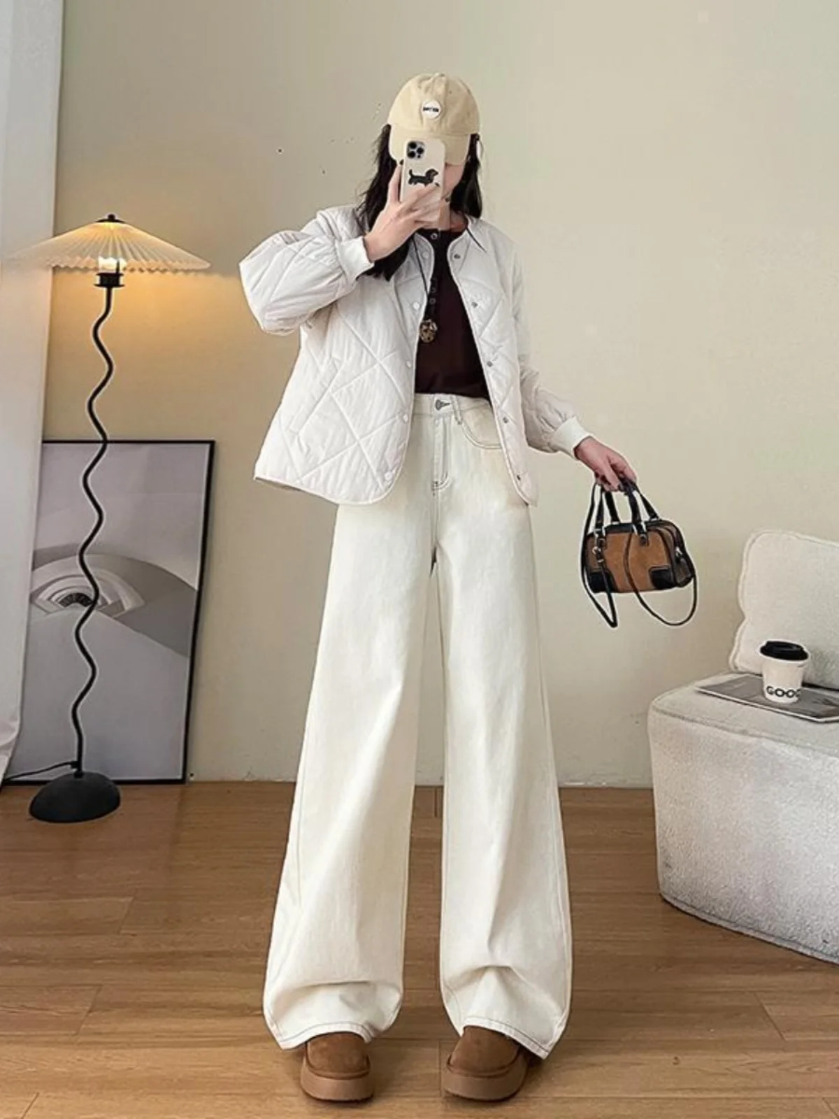 Jeans Larghi a Gamba Larga da Donna, Vita Alta, Slim Fit, Pantaloni Lunghi, Nuovi Pantaloni Casual Beige Primavera Estate