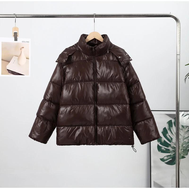 Glossy Cropped Hooded Puffer Coat Drawstring Hem Zip-Up 2026 Winter Women Warm Padded Jacket Warm Causal Lady Cotton‑Padded Coat