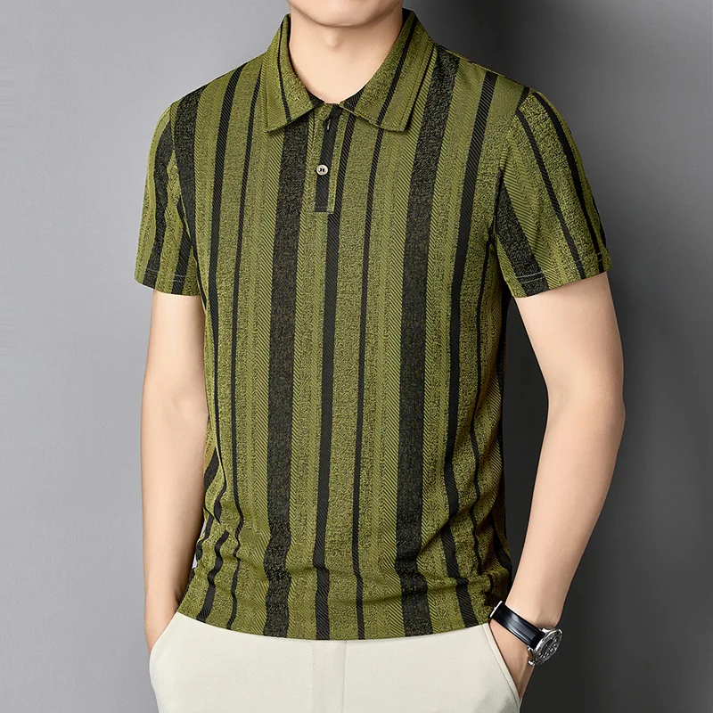 Herren Strukturierte Vertikal Gestreifte Kurzarm-Poloshirts Lässige Business-Oberteile Atmungsaktiv Knitterfrei Sommerkleidung – Detail 28