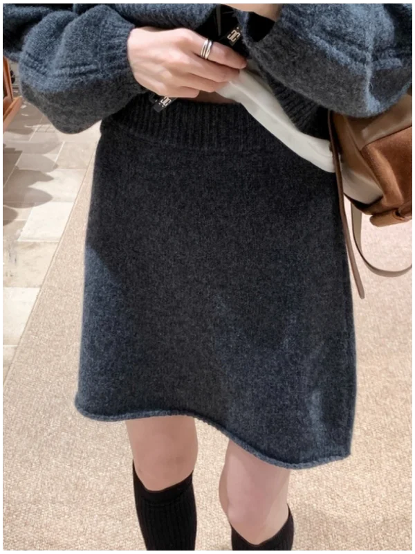 

Gray Knitted A-Line Skirt Women's Autumn Winter New Style Fashionable Korean High Waist Slimming Versatile Short Skirt