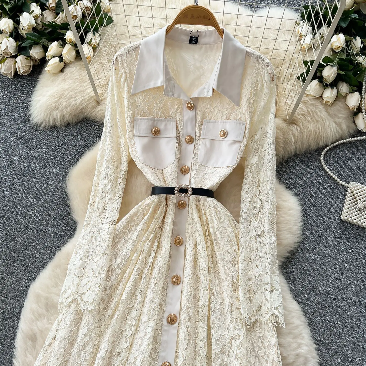 Women Tulle Dresses Lace Long Dress Apricot Wedding Ankle Lenth Full Sleeve Single Breasted Vestidos Casual Elegant 2025 Autumn