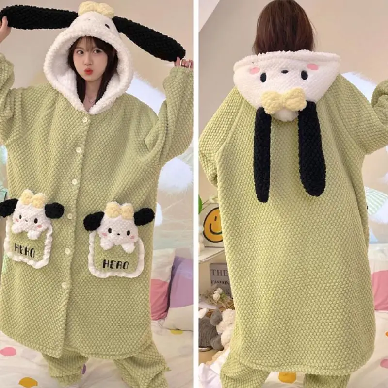 2Pcs Hello Kitty Women's Plush Pajamas Suit Sanrioed My Melody Kuromi Winter Homewear Cartoon Hooded Robe Thicken Warmth Soft