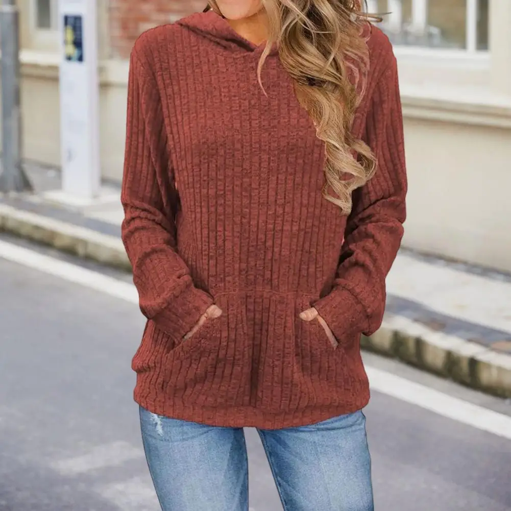 Women Hooded Sweater Cozy Women's Knitted Sweater Hoodies With Pockets Long Sleeve Loose Fit Pullover Tops For Autumn Solid