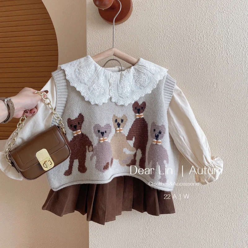 Kids Clothes for Girls Knitted Sweater Vest Lace Shirt Pleated Skirt 3-piece Set Baby Girls Cartoon Cute Skirt Sets Boutique