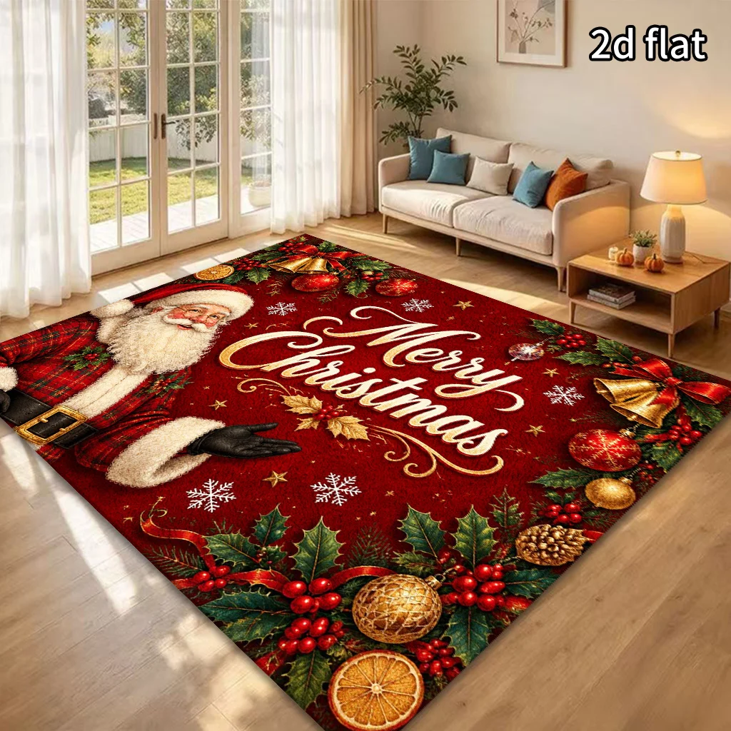 2D Flat Merry Christmas Santa Area Rug, Red Background Bell Holly Berry Orange Slice Snowflake Print, Floor Decor for Bedroom