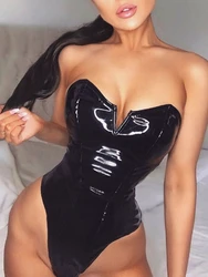 YUZHEXI PU 광택 블랙 바디 수트, 스트랩리스 V 가슴 바디콘 원지