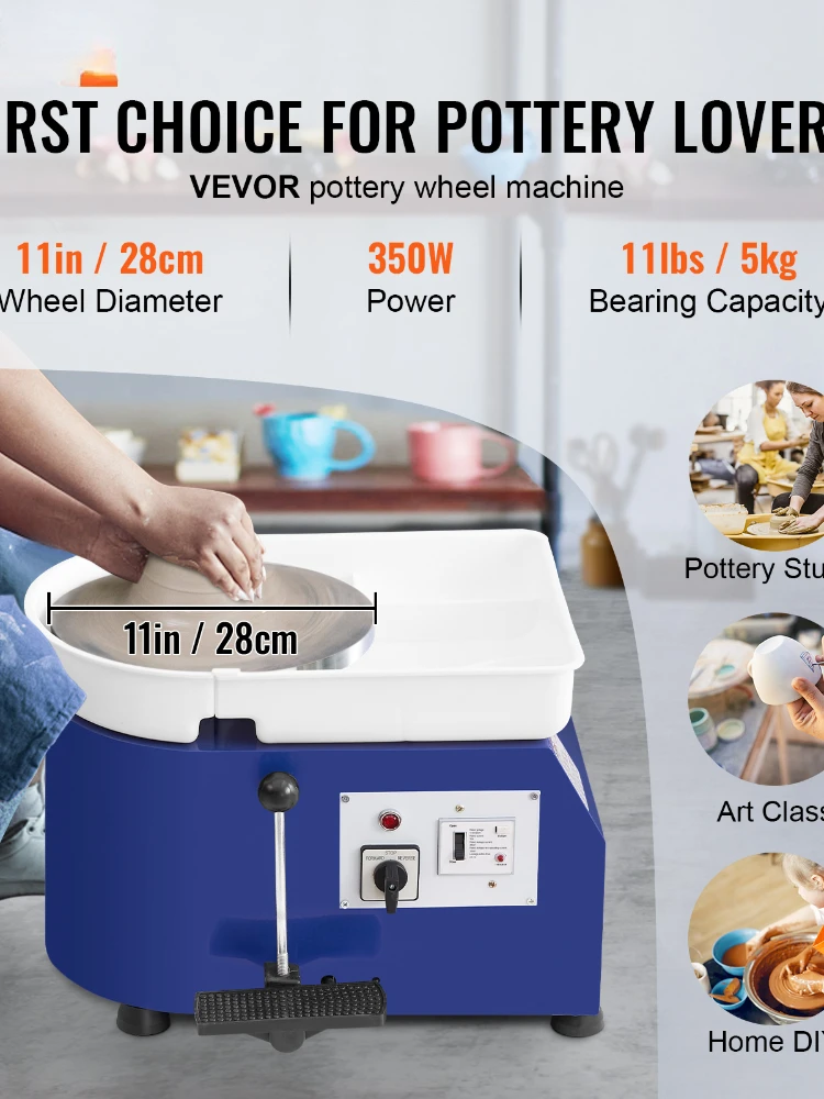 11in Pottery Wheel Ceramic Forming Machine Adjustable 60-300RPM Speed Handle and Foot Pedal Control ABS Detachable Basin