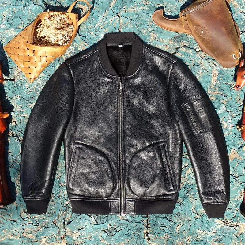 

Куртка MA1 в бейсбольном стиле, глянцевая, грязеотталкивающая, из натуральной овечьей кожи, мужская, приталенная, теплая, с эффектом вытравленной кожи