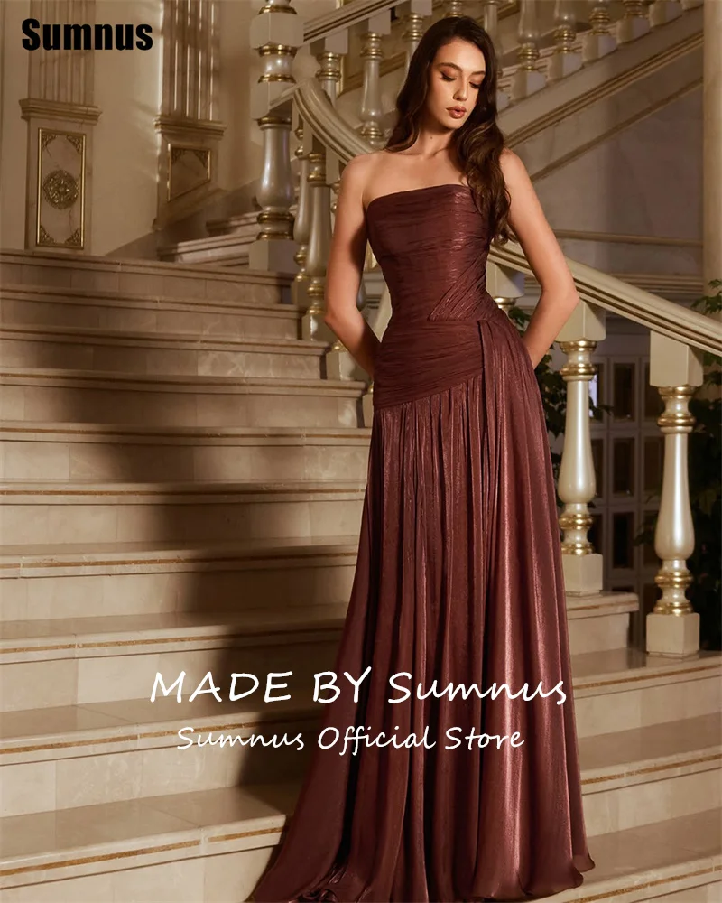 Eleganckie suknie wieczorowe Sumnus w kształcie litery A, bez ramiączek, z jedwabnej satyny, drapowane, bez rękawów, suknie formalne فساتين سهرة, szyte na miarę