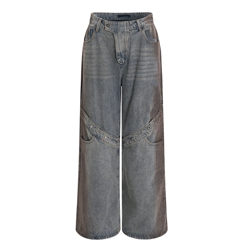 FEWQ-Jean Vintage à Jambes Droites et Larges en Métal Délavé pour Homme, Design de Niche, FJ24E233