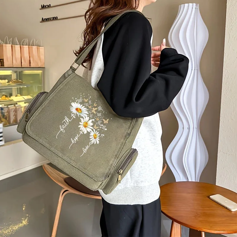 

New Fashion Women's Bag Multiple Pockets Sunflower Print Canvas Shoulder Bag Crossbody Laptop Bag For Women Commuting