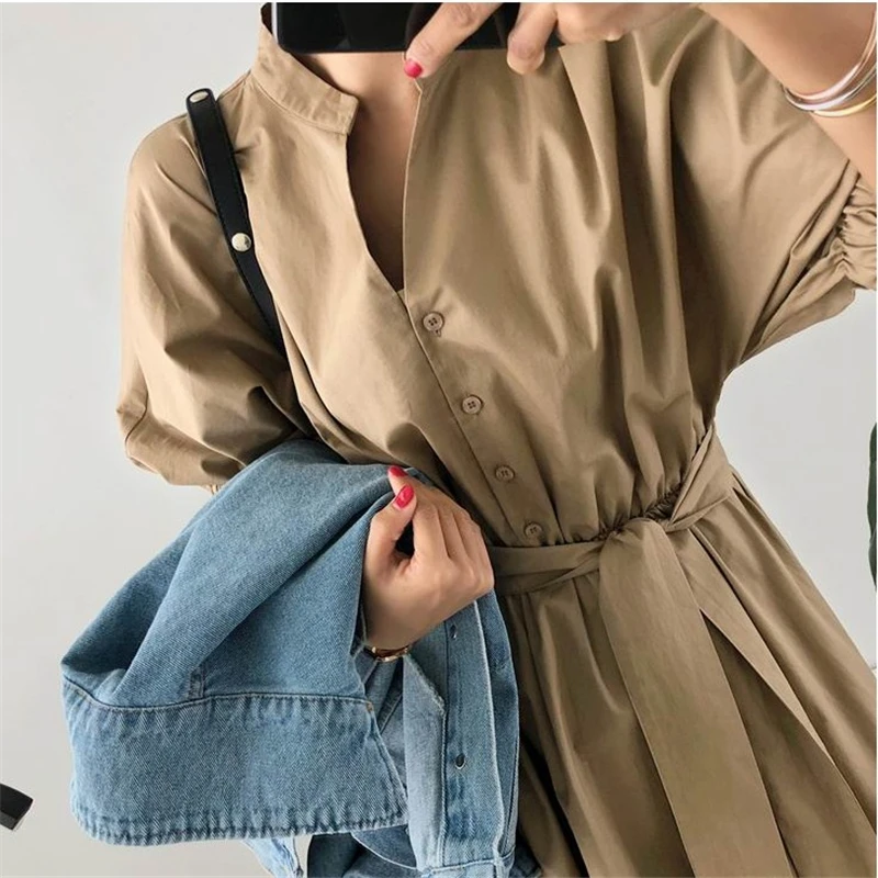 REALEFT Spring Autumn Stand Collar Women\'s Shirt Dresses Sashes 2024 New V-Neck Solid Korean Casual Straight Dress Female