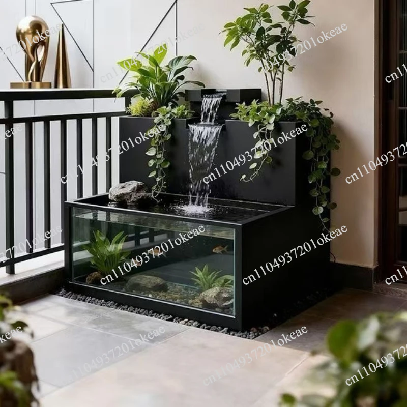 Flowing water fish tank flower box combination floor-to-ceiling tempered glass terrace water circulation fish pond
