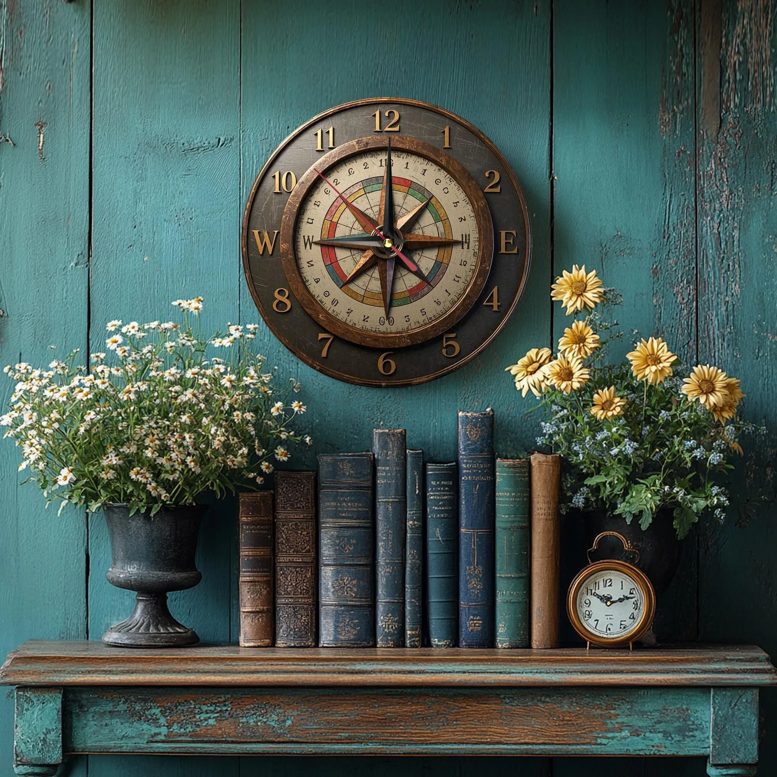 Rustic wooden wall - clock with compass design. Ideal for home and office decor. Operates on AA batteries.