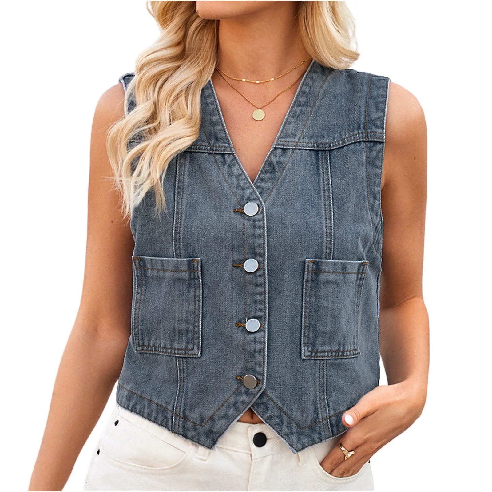 

Women Double Pocket Splice Denim Waistcoat V Neck Sleeveless Single-breasted Cardigan Short Jackets Vest Female Trend Streetwear