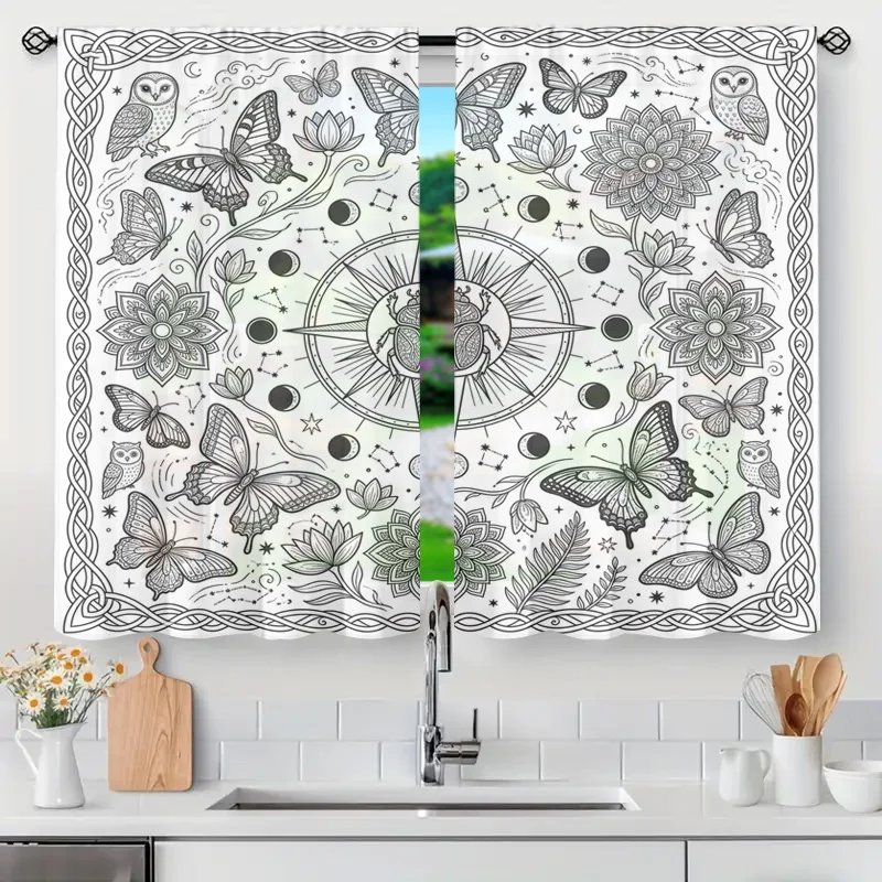 

Elegant Boho Butterfly Floral Nature Sketch Print Curtains Semi Translucent Window Curtain Panels for Modern Home Decor Gift