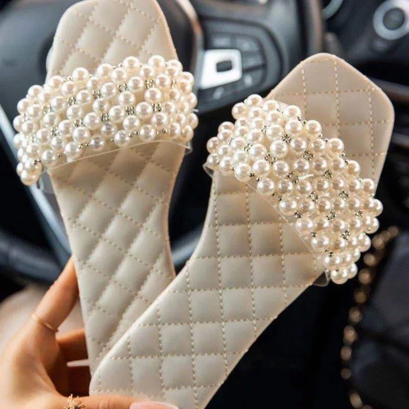 

2024 Spring and Summer New Women's Pearl Rhinestones Women's All-match Casual Slippers Fashion Solid Flat Shoes Sandals