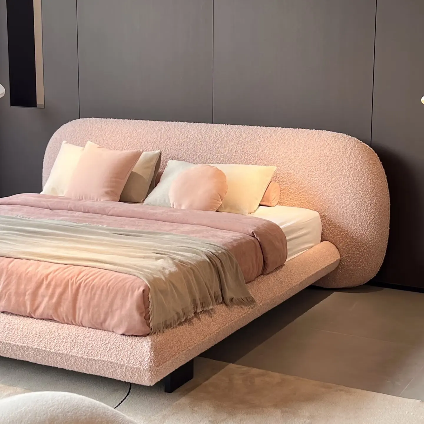 Vintage style double bed widescreen half moon design lamb wool upholstered without bed frame view 3