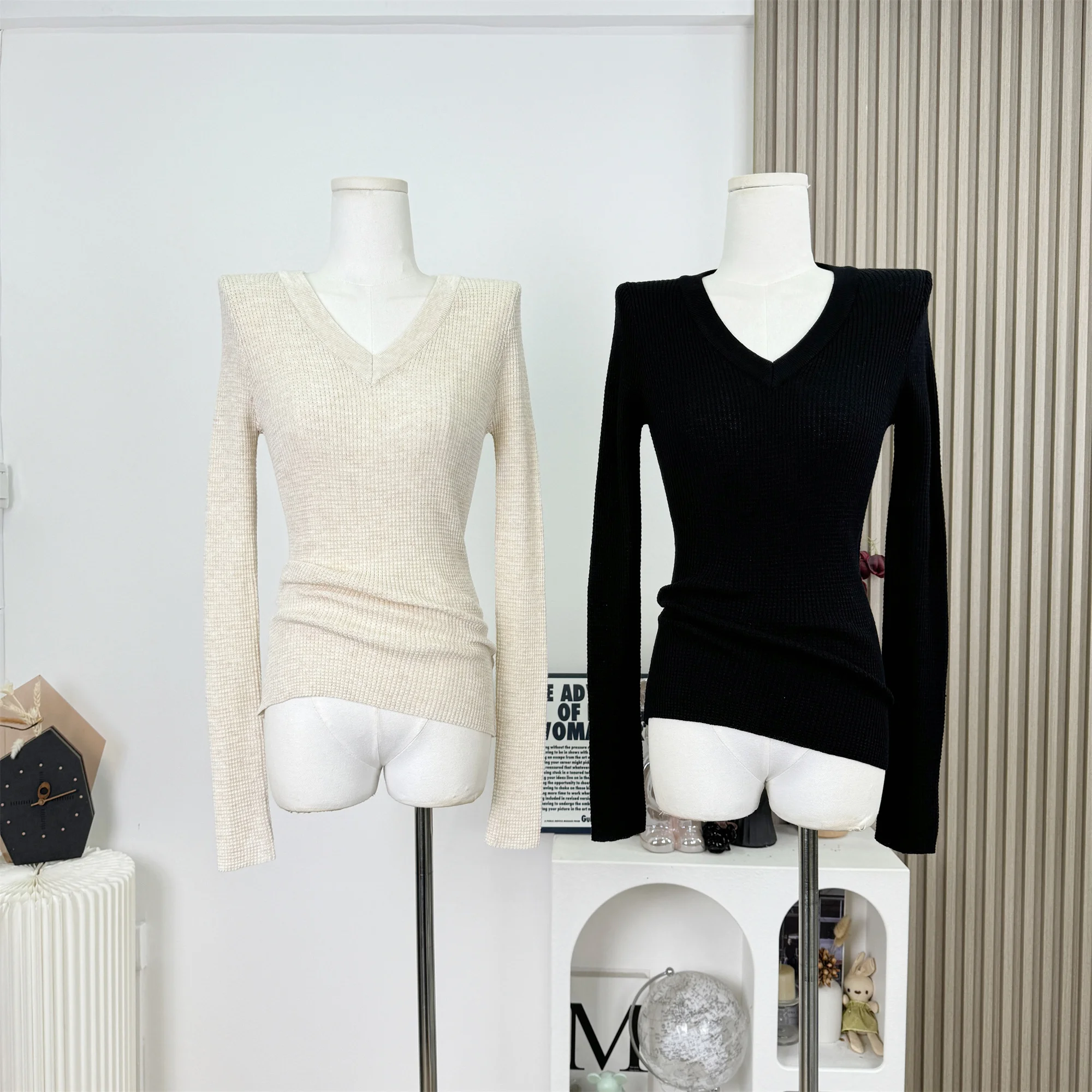 

Solid Casual Long Sleeve V-Neck Wool Blend Knitwear Pullovers Base Layer Top Slimming Fit Autumn Winter New Arrival Sweater F384